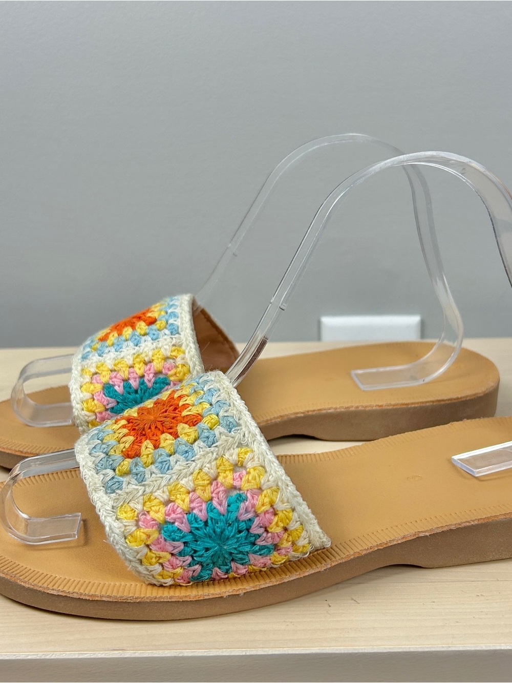 Boho Crochet Slide Sandals Sz 9 Granny Square Slip‎ On Multicolour Summer Beach